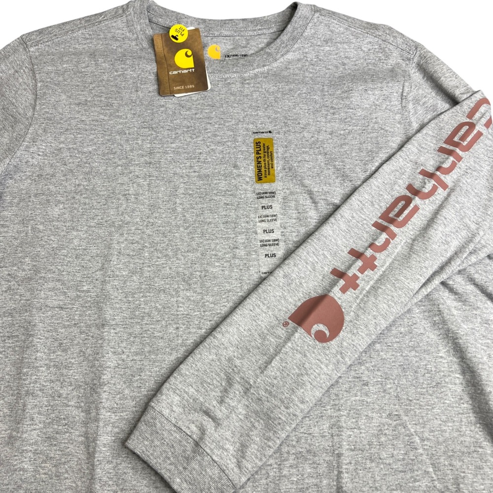 Carhartt Women 1X Heather Gray Pink Sleeve Logo Long Sleeve T-Shirt 103401 NWT